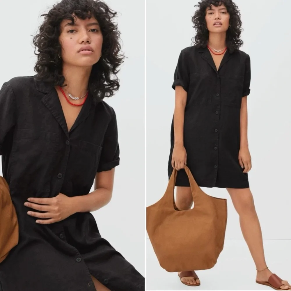 Everlane Linen Workwear Shirt Dress Black Size Sm Oversized Relaxed Fit Mini NEW